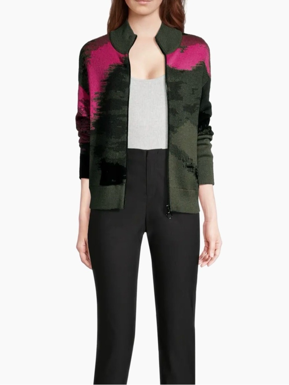 NIC+ZOE Olive Green and Magenta Zip-Front Patterned Cardigan